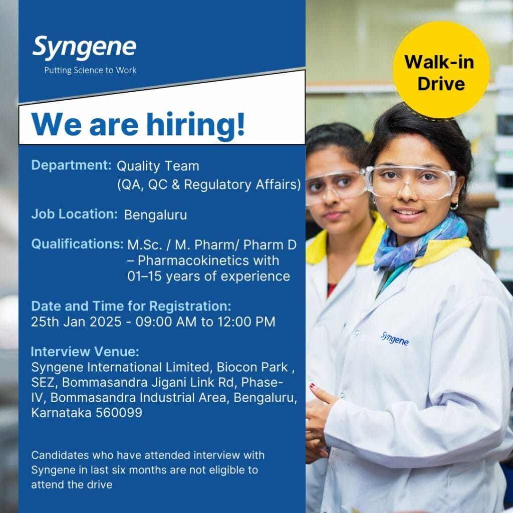 Syngene Hiring for QA, QC & Regulatory Affairs - M.Sc/ M. Pharm/ Pharm D Syngene Hiring for QA, QC & Regulatory Affairs - M.Sc/ M. Pharm/ Pharm D