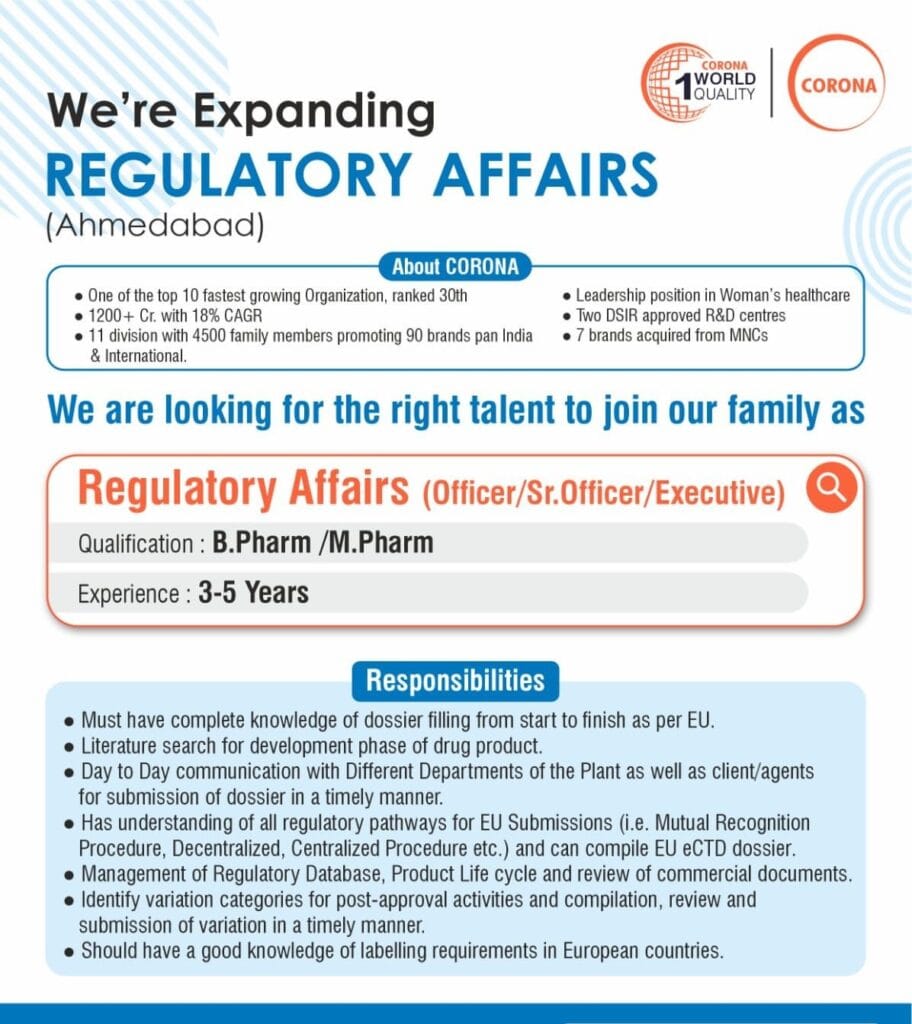 CORONA Hiring for Regulatory Affairs - B.Pharm/M.Pharm CORONA Hiring for Regulatory Affairs - B.Pharm/M.Pharm