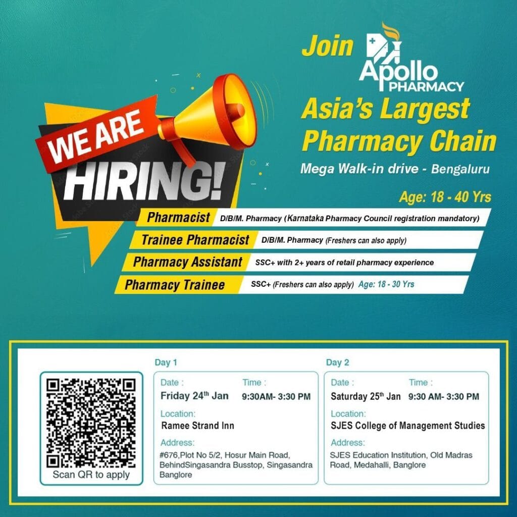 Apollo Pharmacy Hiring for Pharmacist @Bengaluru Apollo Pharmacy Hiring for Pharmacist @Bengaluru