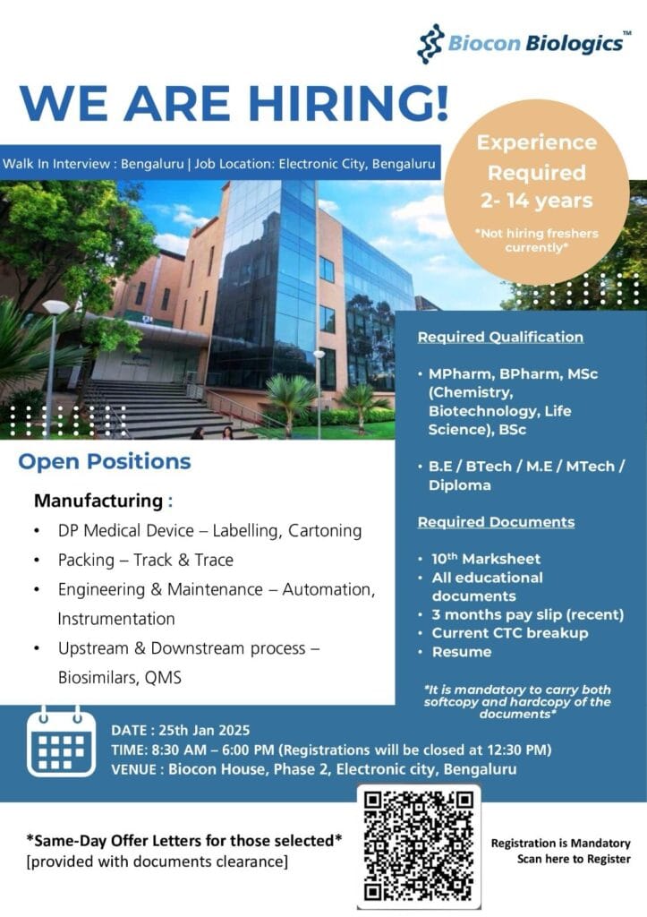 Biocon Biologics Hiring for Manufacturing @Bangalore Biocon Biologics Hiring for Manufacturing @Bangalore