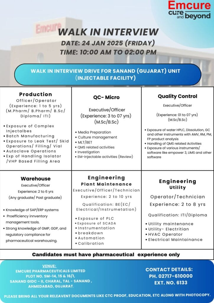 Emcure Pharma Hiring for Production/ QC/ QC - Micro/ Warehouse/ Engineering Emcure Pharma Hiring for Production/ QC/ QC - Micro/ Warehouse/ Engineering