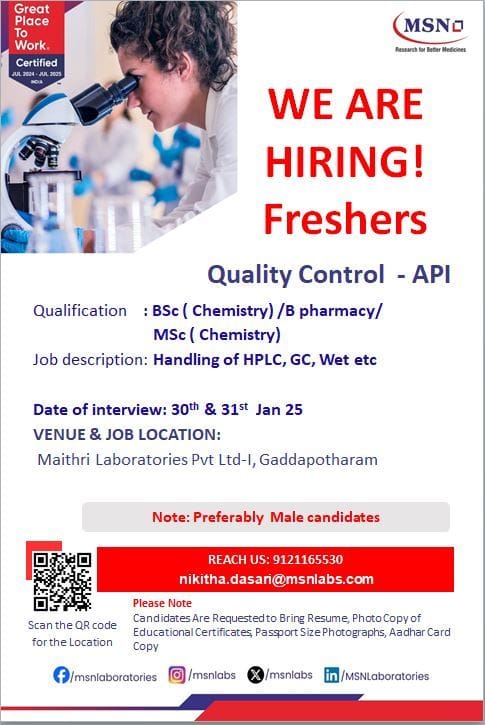 MSN Laboratories Hiring Freshers for Quality Control (API) MSN Laboratories Hiring Freshers for Quality Control (API)