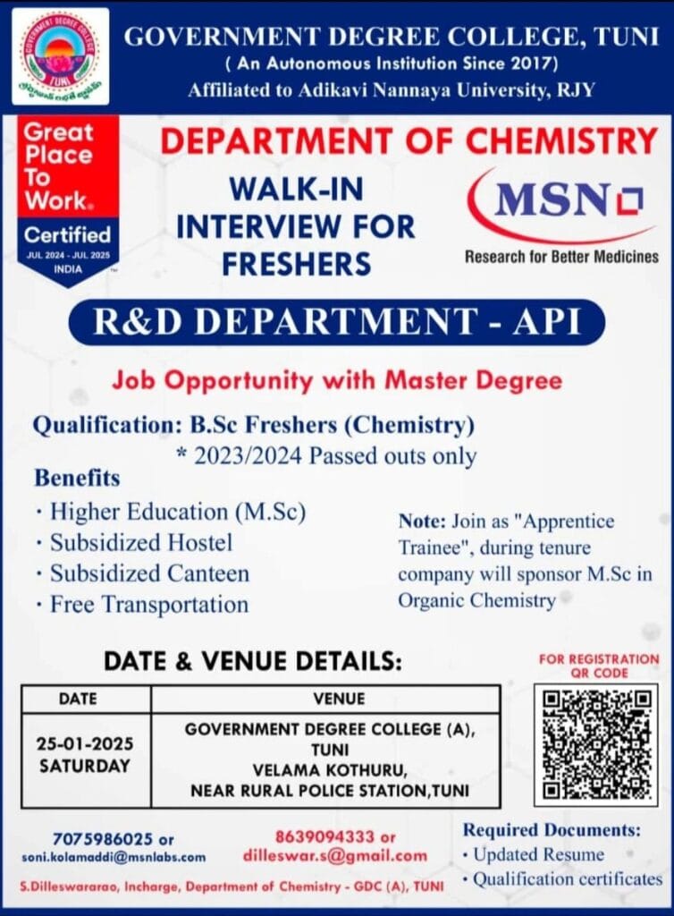 MSN Laboratories Hiring Freshers for Research & Development (R&D) Department MSN Laboratories Hiring Freshers for Research & Development (R&D) Department