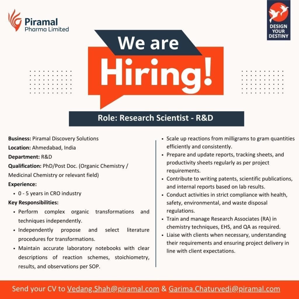 Piramal Pharma is Hiring Freshers & Experienced for Research Scientist - R&D Piramal Pharma is Hiring Freshers & Experienced for Research Scientist - R&D
