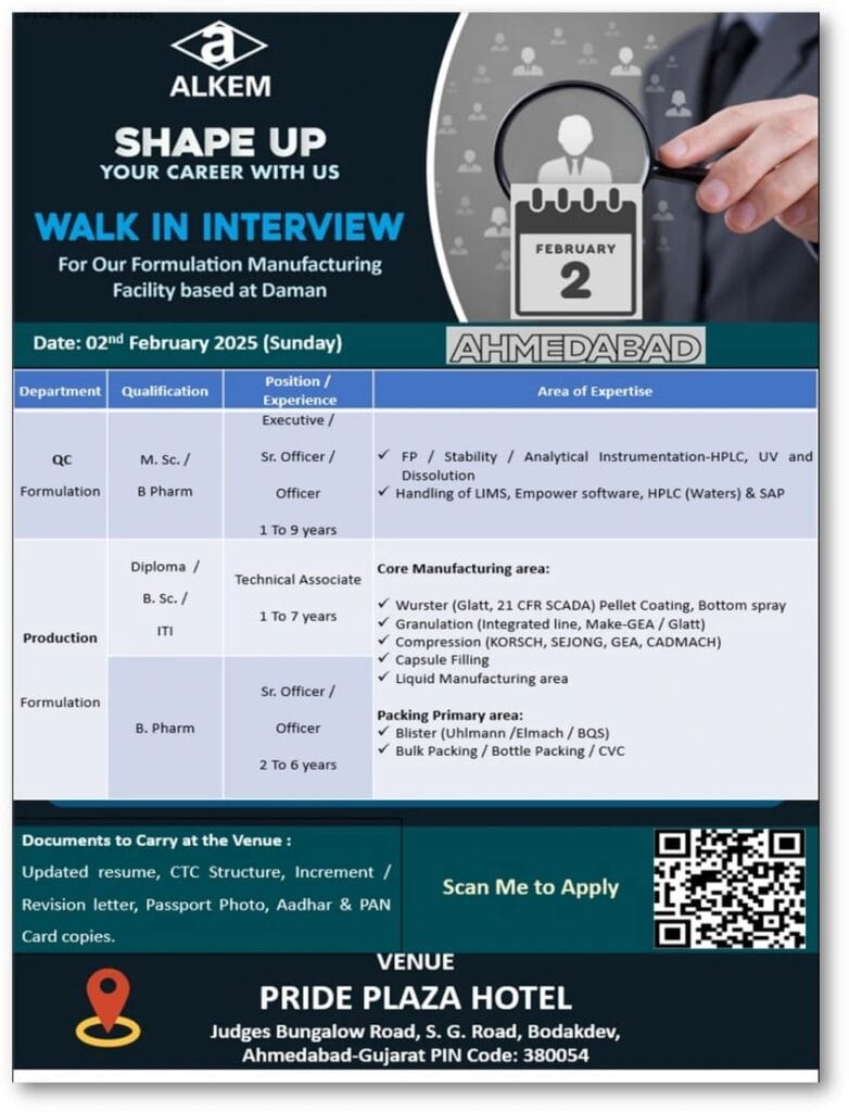 ALKEM Hiring M. Sc./ Diploma/ B. Sc./ B. Pharm Candidates for Quality Control , Production ALKEM Hiring M. Sc./ Diploma/ B. Sc./ B. Pharm Candidates for Quality Control , Production