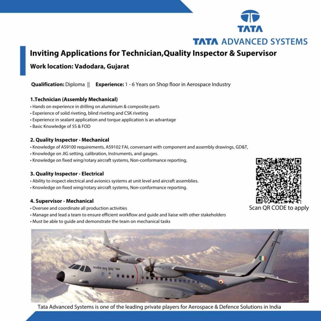 TATA Advanced Systems Hiring for Technician, Quality Inspector & Supervisor TATA Advanced Systems Hiring for Technician, Quality Inspector & Supervisor