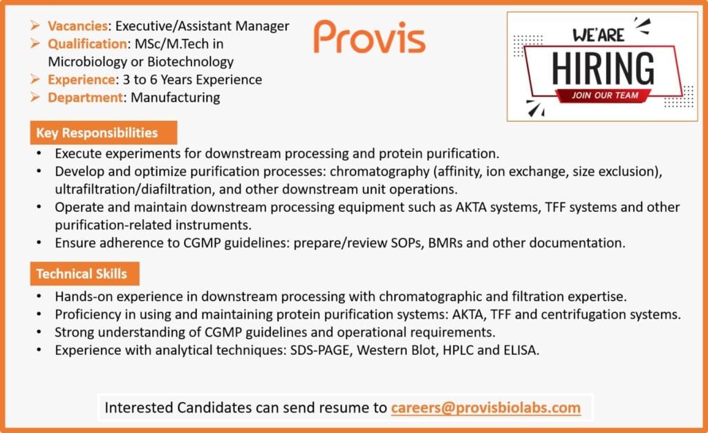 Provis Bio Labs Hiring for MSc/ M.Tech Candidates for Manufacturing Provis Bio Labs Hiring for MSc/ M.Tech Candidates for Manufacturing
