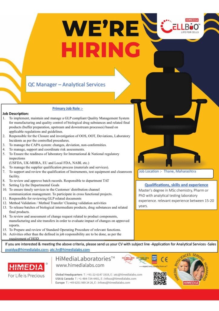 Career Opportunity at CellBio HiMedia Life for QC Manager - Analytical Services Career Opportunity at CellBio HiMedia Life for QC Manager - Analytical Services