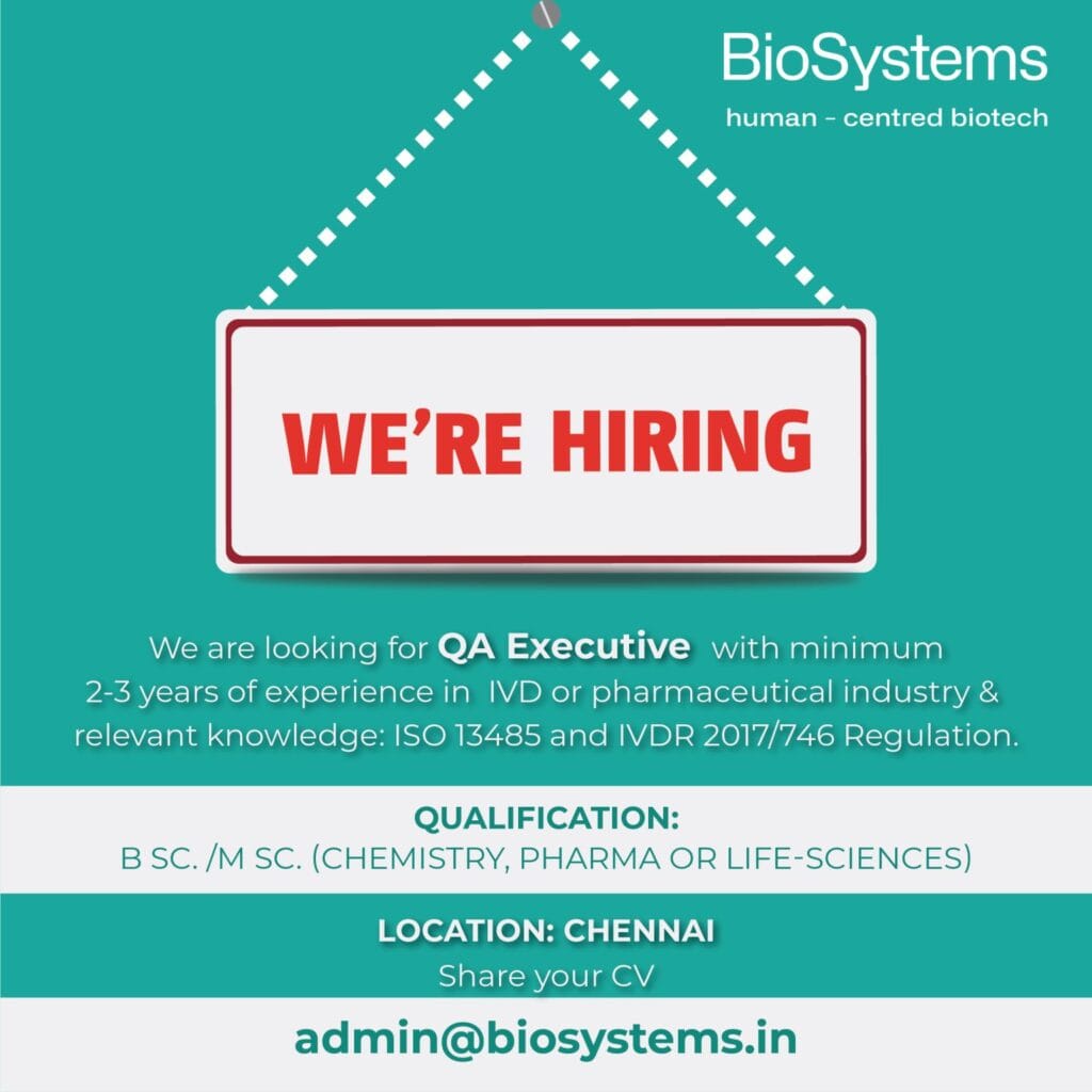 Career Opportunity at BioSystems for QA Executive in Chennai Career Opportunity at BioSystems for QA Executive in Chennai