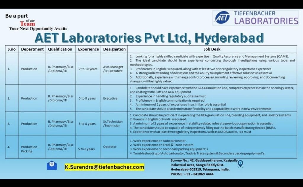 AET Laboratories is Hiring for B. Pharmacy/ B.Sc/ Diploma/ ITI Candidates for Production/ Packing AET Laboratories is Hiring for B. Pharmacy/ B.Sc/ Diploma/ ITI Candidates for Production/ Packing