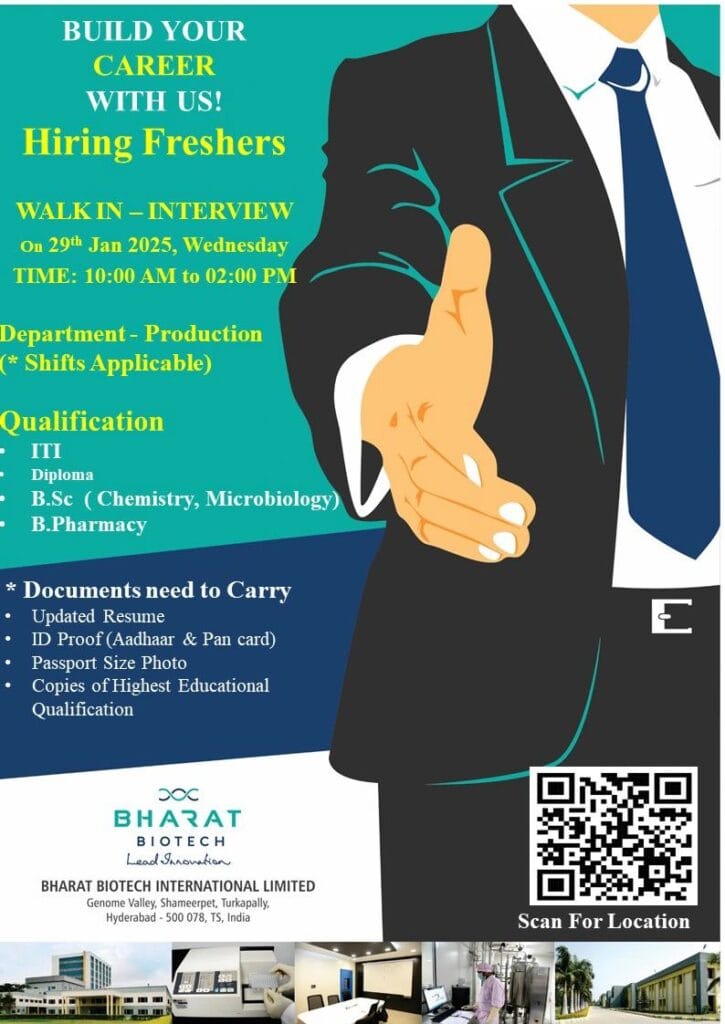 Bharat Biotech Hiring Freshers for Production - Diploma / B.Sc / B.Pharma Bharat Biotech Hiring Freshers for Production - Diploma / B.Sc / B.Pharma