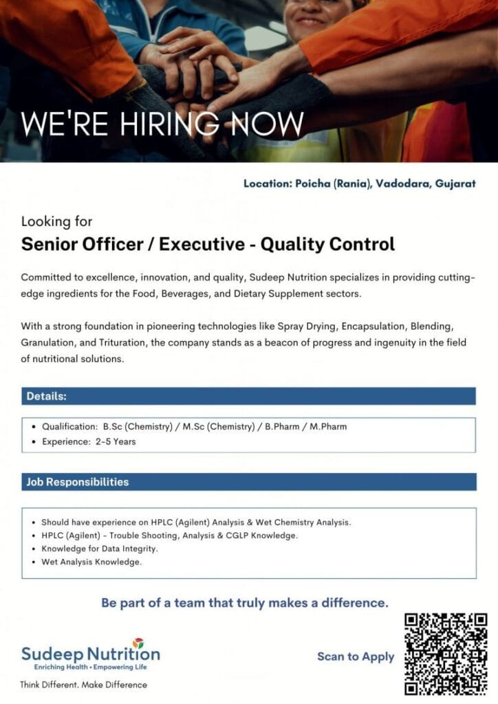 Sudeep Nutrition is Hiring for Quality Control Job for B.Sc / M.Sc / B.Pharm / M.Pharm Candidates Sudeep Nutrition is Hiring for Quality Control Job for B.Sc / M.Sc / B.Pharm / M.Pharm Candidates