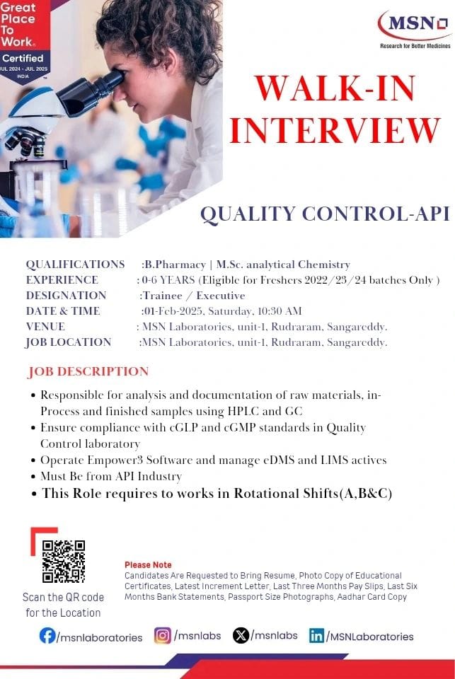 Career Opportunities for Microbiology/ Quality Control/ Production at MSN Laboratories Career Opportunities for Microbiology/ Quality Control/ Production at MSN Laboratories