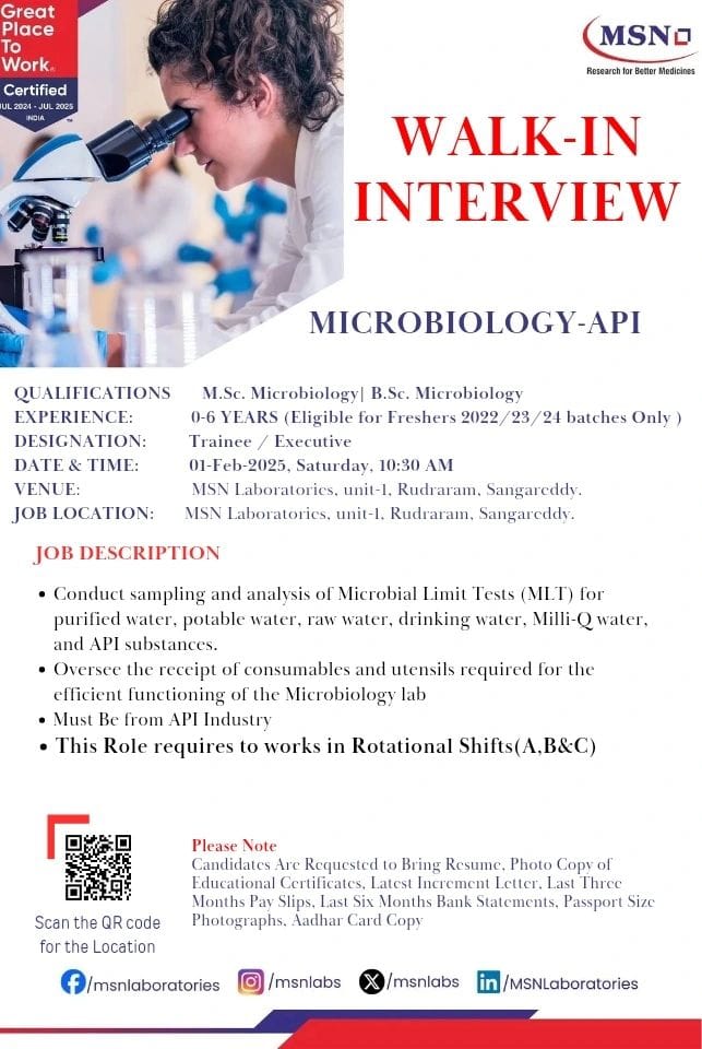 Career Opportunities for Microbiology/ Quality Control/ Production at MSN Laboratories Career Opportunities for Microbiology/ Quality Control/ Production at MSN Laboratories