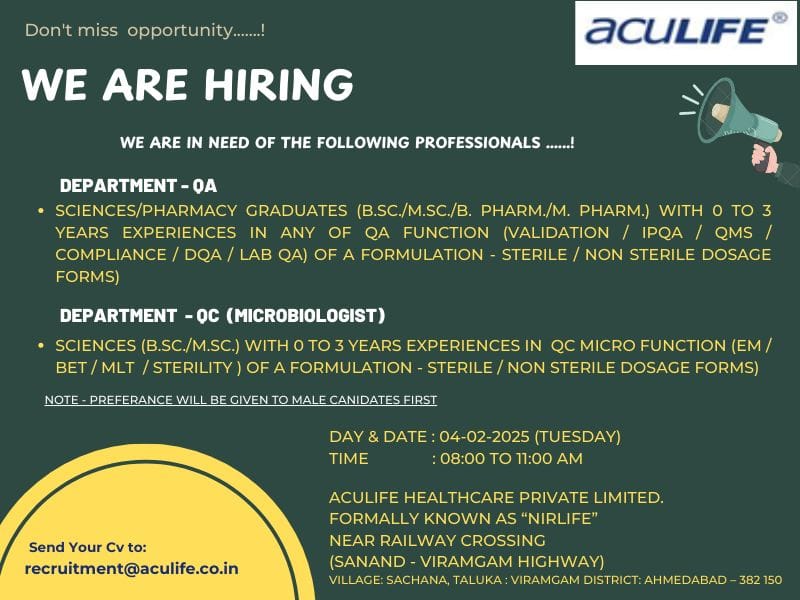ACULIFE Healthcare Hiring for Quality Assurance/ QC - Microbiologist ACULIFE Healthcare Hiring for Quality Assurance/ QC - Microbiologist