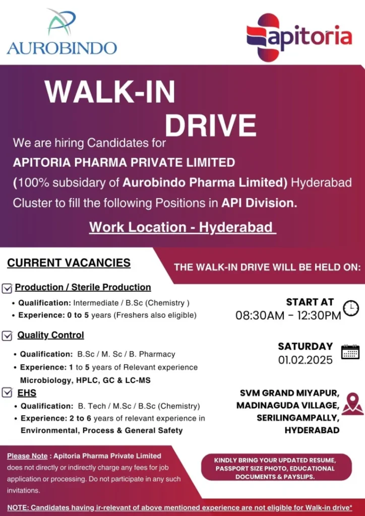 Apitoria Pharma (Aurobindo) Hiring for Freshers & Experienced in Production/ Quality Control/ EHS Apitoria Pharma (Aurobindo) Hiring for Freshers & Experienced in Production/ Quality Control/ EHS