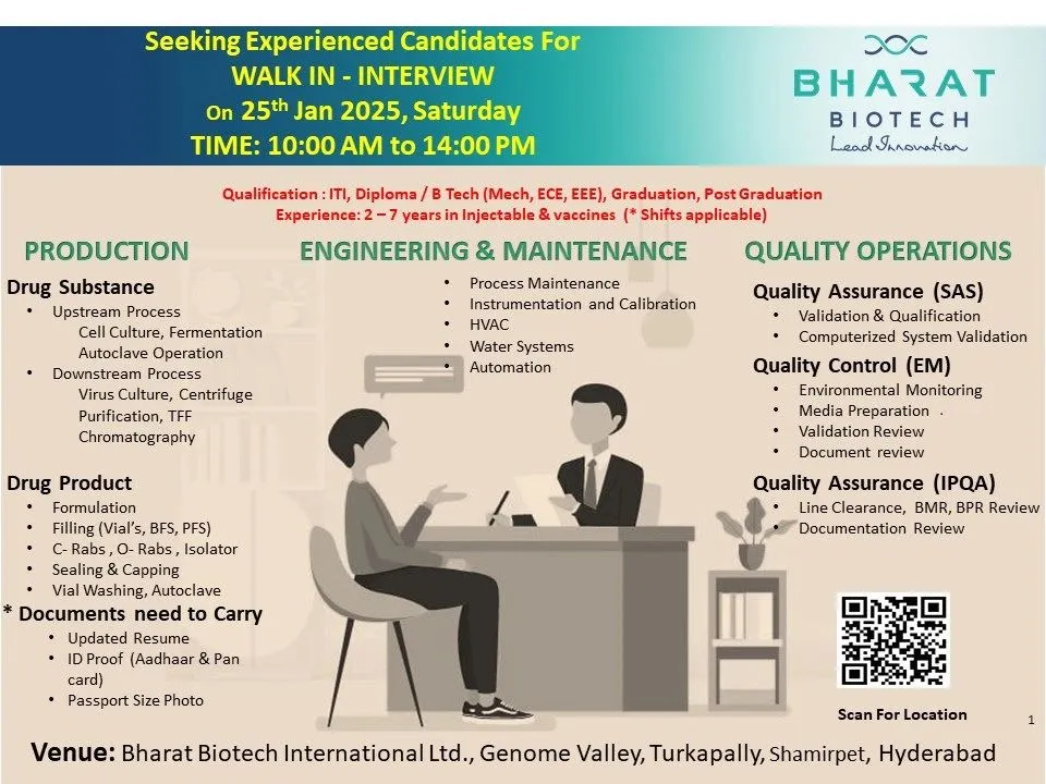 Bharat Biotech Hiring for Production / Engineering & Maintenance / Quality Bharat Biotech Hiring for Production / Engineering & Maintenance / Quality