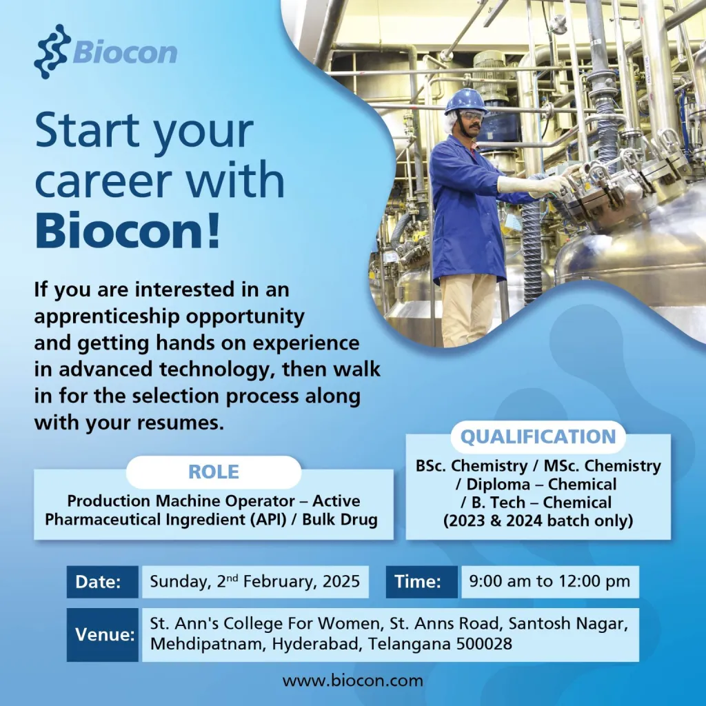 Biocon Limited is Hiring FRESHERS for B.Sc. / M.Sc. / Diploma / B. Tech in Production Machine Operator Biocon Limited is Hiring FRESHERS for B.Sc. / M.Sc. / Diploma / B. Tech in Production Machine Operator