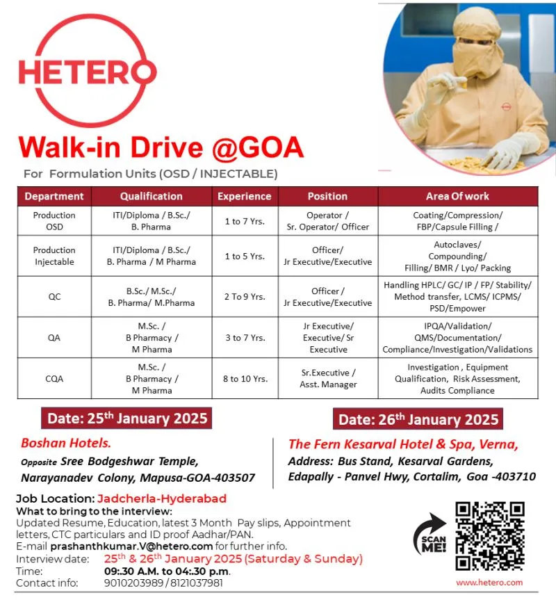 Hetero Labs Hiring for B.Sc, M.Sc, B.Pharm, M.Pharm, ITI, Diploma Candidates @Goa Hetero Labs Hiring for B.Sc, M.Sc, B.Pharm, M.Pharm, ITI, Diploma Candidates @Goa