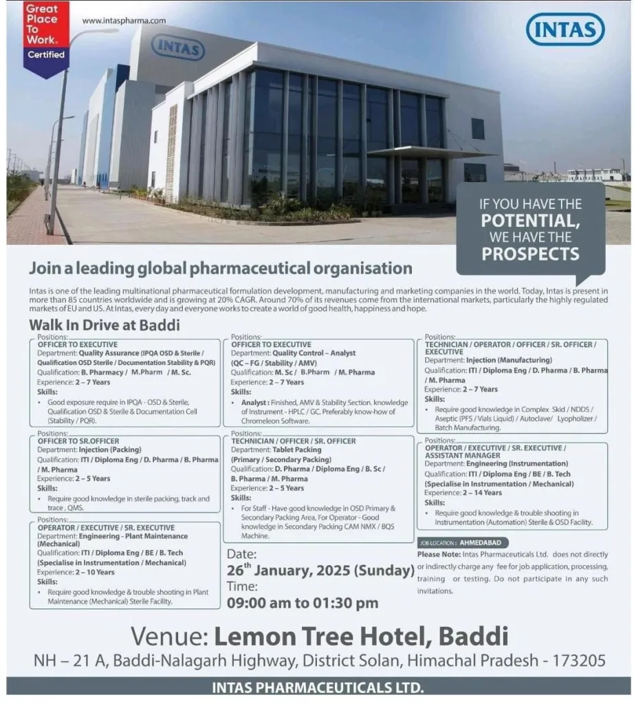 Intas Pharmaceuticals Hiring for Manufacturing, Packing, QA, QC, Engineering Intas Pharmaceuticals Hiring for Manufacturing, Packing, QA, QC, Engineering