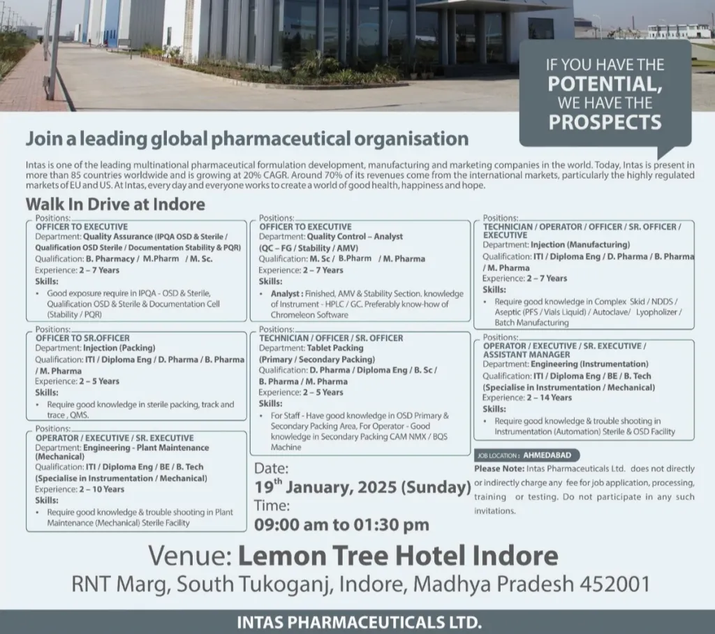 Intas Pharmaceuticals Hiring for Quality Control / Quality Assurance / Packing / Engineering / Manufacturing Intas Pharmaceuticals Hiring for Quality Control / Quality Assurance / Packing / Engineering / Manufacturing