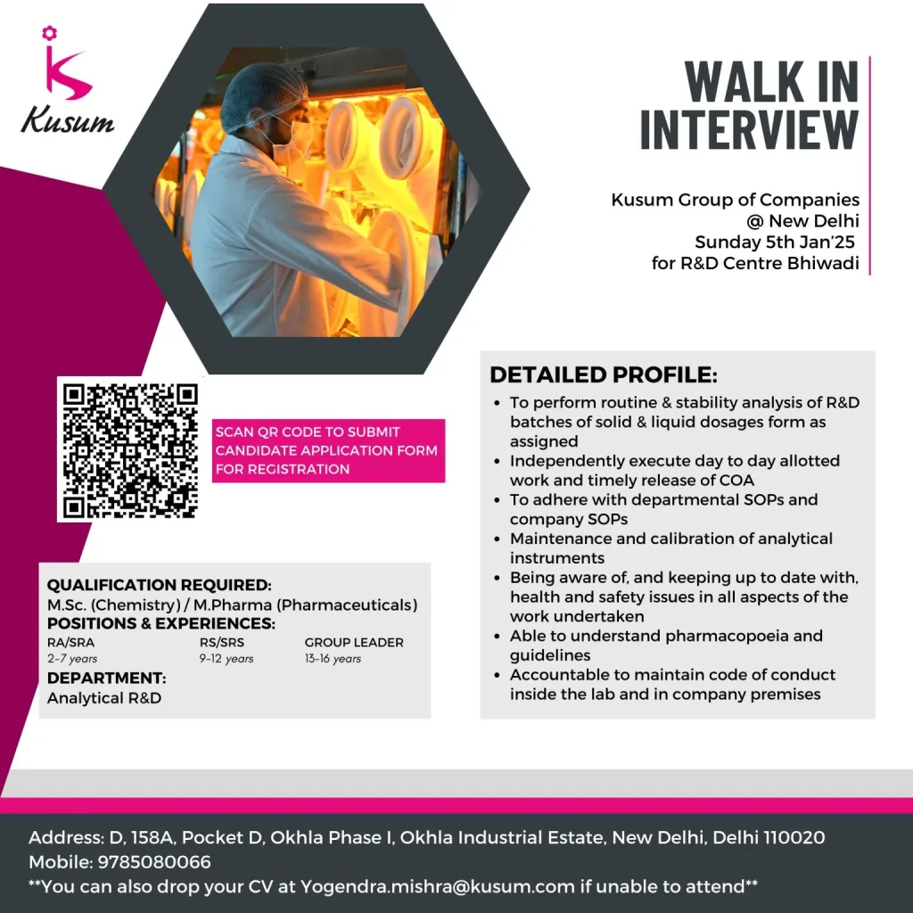Kusum Healthcare Hiring for AR&D / FR&D - M.Sc / M.Pharm Kusum Healthcare Hiring for AR&D / FR&D - M.Sc / M.Pharm
