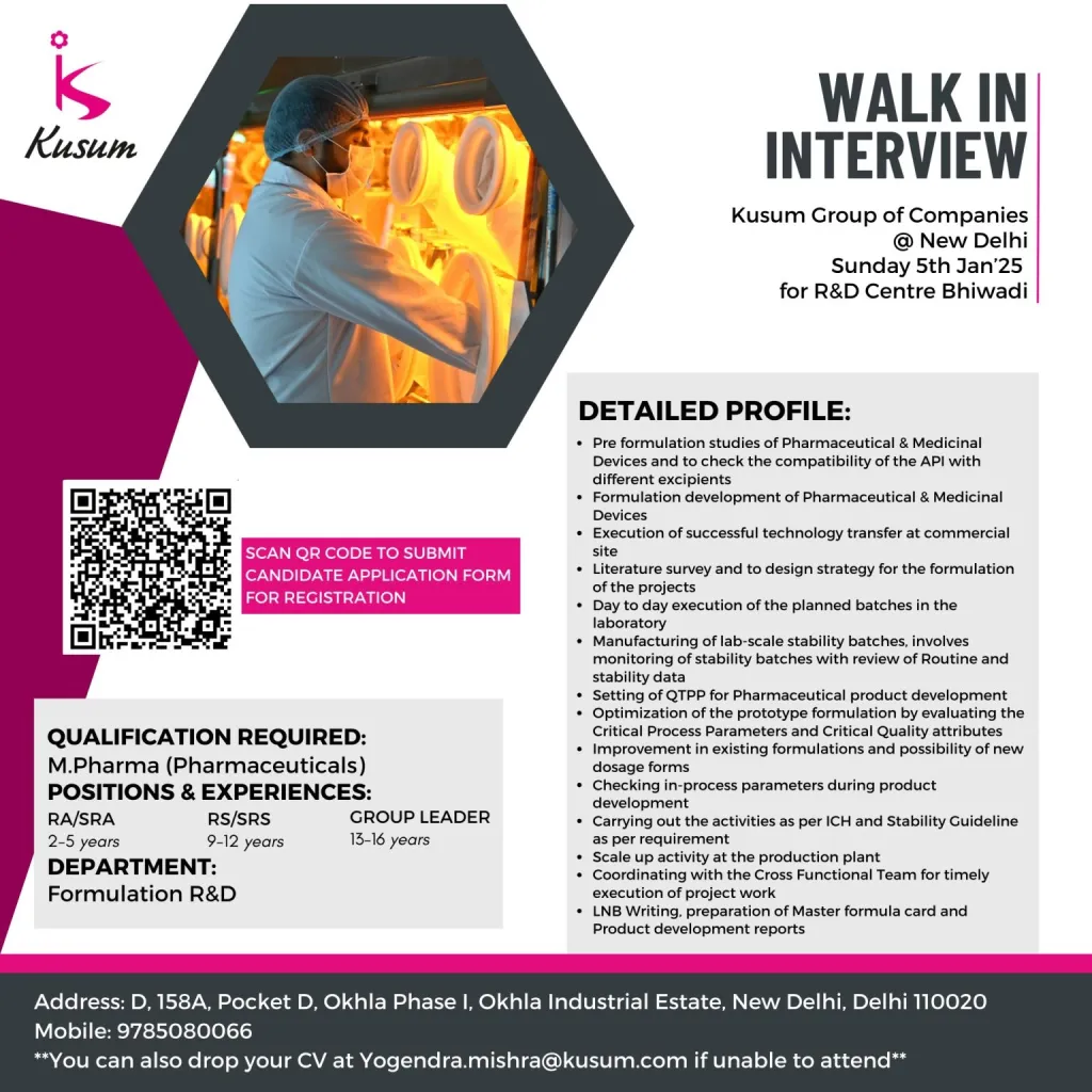 Kusum Healthcare Hiring for AR&D / FR&D - M.Sc / M.Pharm Kusum Healthcare Hiring for AR&D / FR&D - M.Sc / M.Pharm