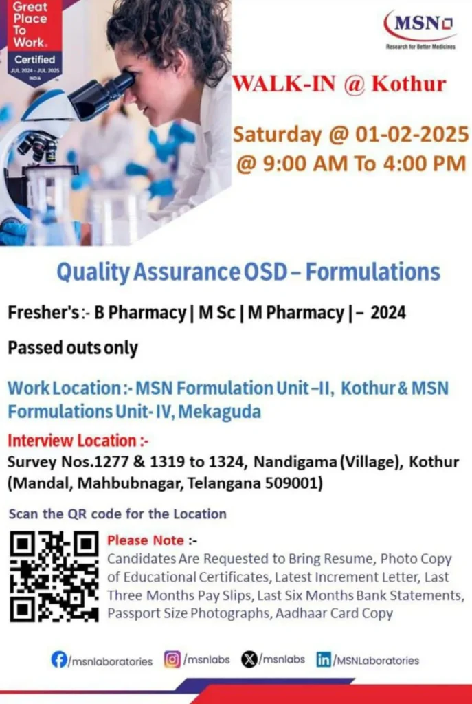 MSN Group Hiring Freshers for Quality Assurance OSD - Formulations MSN Group Hiring Freshers for Quality Assurance OSD - Formulations