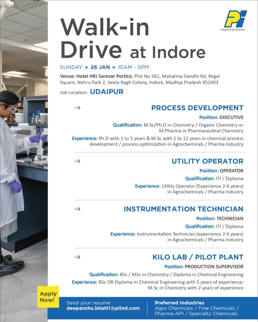 PI Industries Hiring M.Sc, PhD, M Pharma, ITI, Diploma, B.Sc, M.Sc, Diploma candidate PI Industries Hiring M.Sc, PhD, M Pharma, ITI, Diploma, B.Sc, M.Sc, Diploma candidate