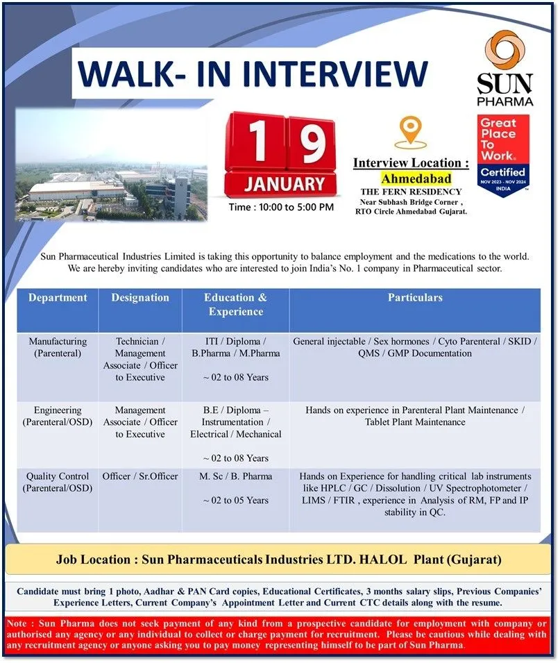 Sun Pharma Hiring for Manufacturing / Quality Control / Engineering Sun Pharma Hiring for Manufacturing / Quality Control / Engineering