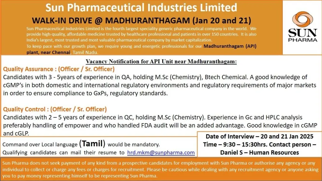 Sun Pharmaceutical Hiring for Quality Assurance/ Quality Control Sun Pharmaceutical Hiring for Quality Assurance/ Quality Control