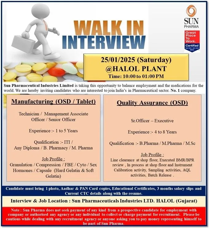 Sun Pharmaceutical Hiring for Manufacturing / Quality Assurance Departments Sun Pharmaceutical Hiring for Manufacturing / Quality Assurance Departments