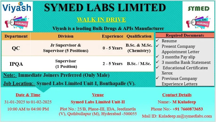 SYMED LABS Hiring Freshers & Experienced for Quality Control / IPQA SYMED LABS Hiring Freshers & Experienced for Quality Control / IPQA