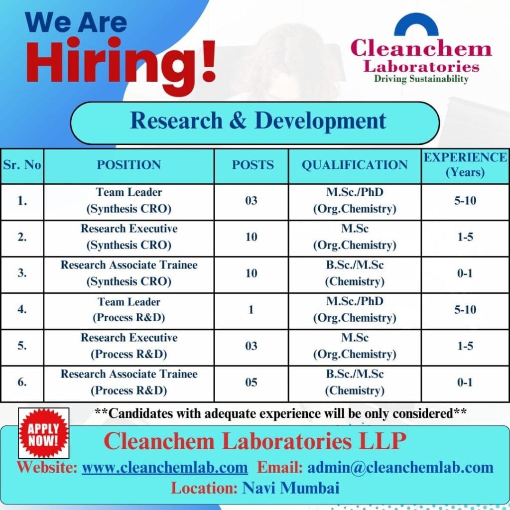 Cleanchem Laboratories Hiring for Research & Development Jobs @Navi Mumbai Cleanchem Laboratories Hiring for Research & Development Jobs @Navi Mumbai