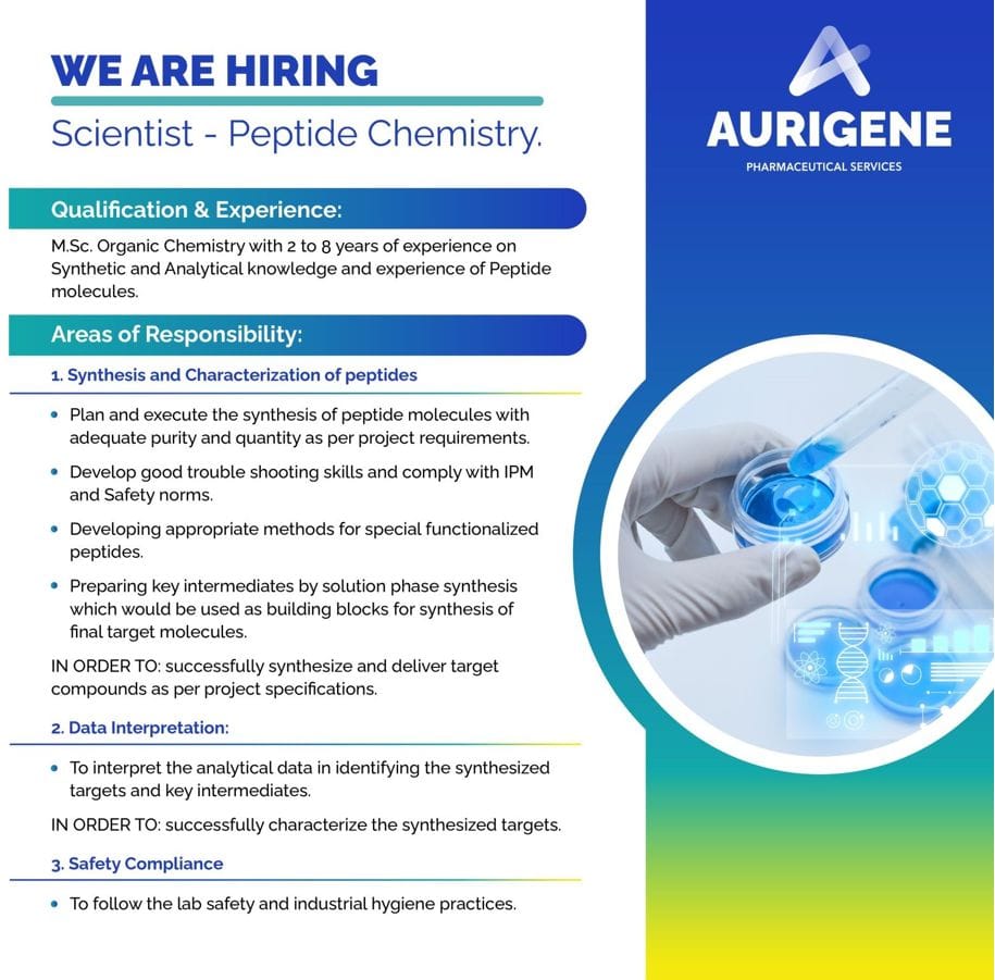 Career Opportunity for Scientist - Peptide Chemistry at Aurigene Career Opportunity for Scientist - Peptide Chemistry at Aurigene