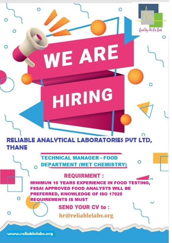 Reliable Analytical Laboratories Hiring for Technical Manager - Food Department Reliable Analytical Laboratories Hiring for Technical Manager - Food Department