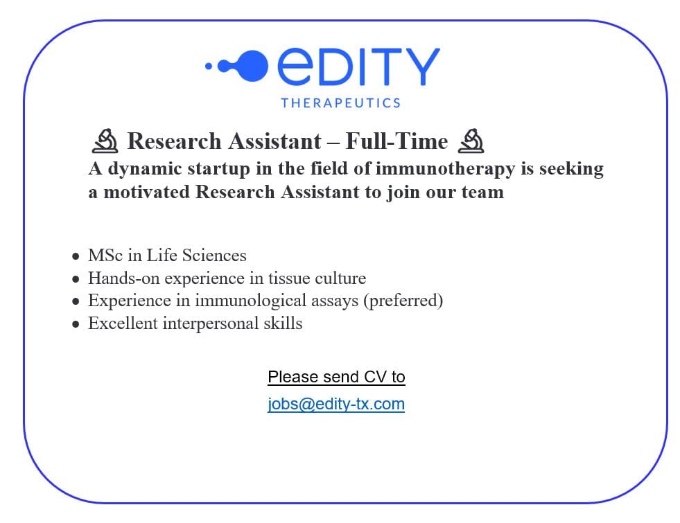 Edity Therapeutics Hiring Freshers for Research Assistant Edity Therapeutics Hiring Freshers for Research Assistant