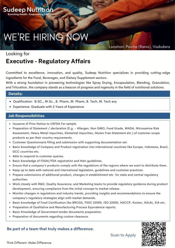 Sudeep Nutrition Hiring for Regulatory Affairs Sudeep Nutrition Hiring for Regulatory Affairs