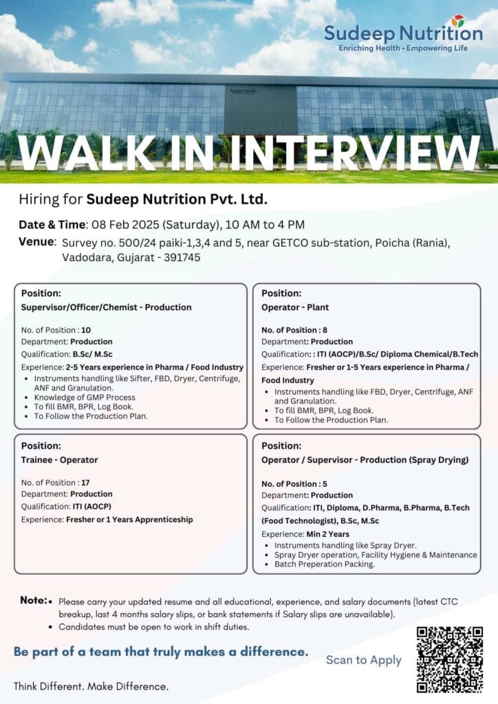 Sudeep Nutrition Hiring for Production - ITI/ Diploma/ B.Sc/ B.Pharma/ B.Tech Sudeep Nutrition Hiring for Production - ITI/ Diploma/ B.Sc/ B.Pharma/ B.Tech