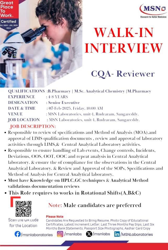 MSN Laboratories Hiring for CQA-Reviewer MSN Laboratories Hiring for CQA-Reviewer