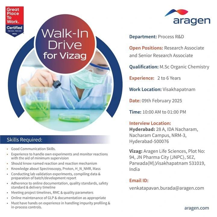Aragen Life Sciences Hiring for Research Associate and Sr Research Associate Aragen Life Sciences Hiring for Research Associate and Sr Research Associate
