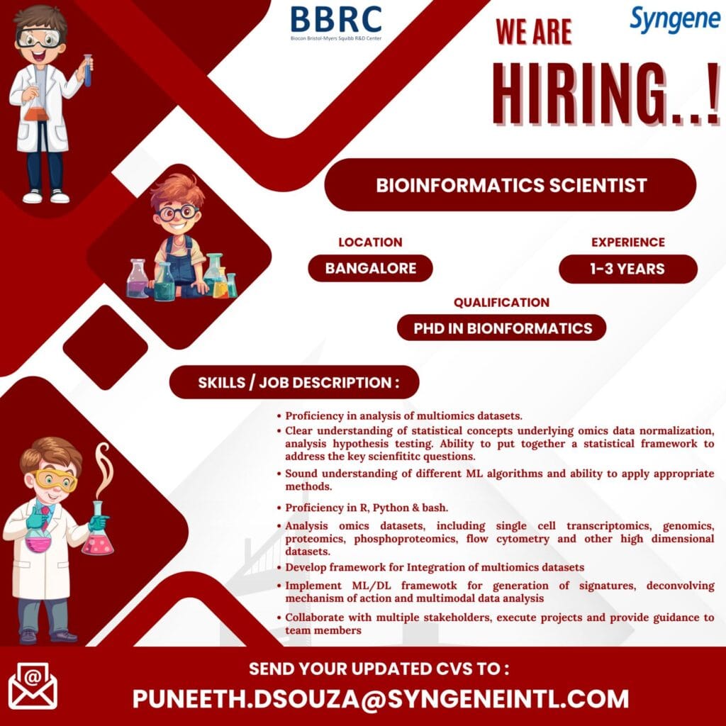 Syngene Hiring for Bioinformatics Scientist @Bangalore Syngene Hiring for Bioinformatics Scientist @Bangalore