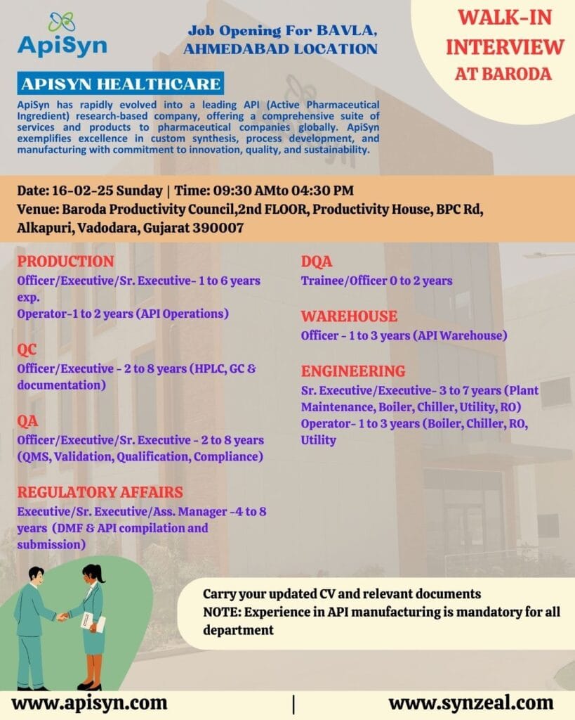 ApiSyn Healthcare Hiring for Regulatory Affairs/ Production/ QA/ QC/ DQA/ Warehouse/ Engineering ApiSyn Healthcare Hiring for Regulatory Affairs/ Production/ QA/ QC/ DQA/ Warehouse/ Engineering