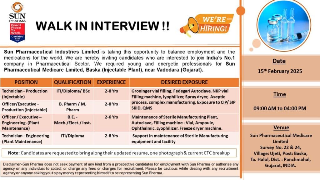Sun Pharmaceutical Hiring for Production / Engineering Sun Pharmaceutical Hiring for Production / Engineering