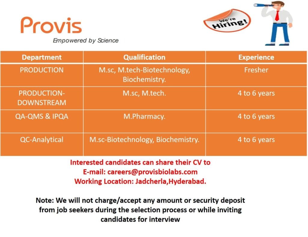 Provis Biolabs Hiring Freshers & Experienced for Production, QA, QC Provis Biolabs Hiring Freshers & Experienced for Production, QA, QC
