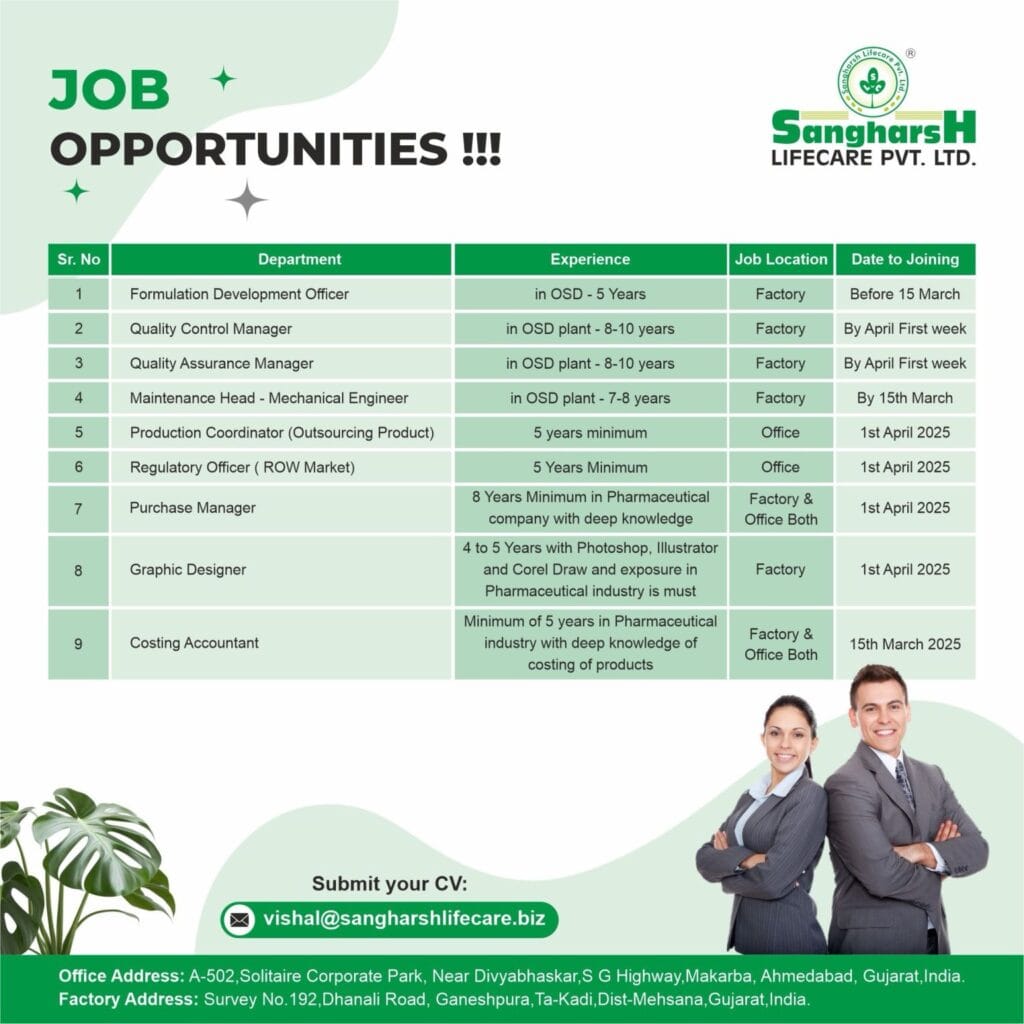 Sangharsh Lifecare Hiring for QA/ QC/ Formulation Development/ Engineering/ Production/ Regulatory/ Purchase/ Graphic Designer/ Costing Accountant Sangharsh Lifecare Hiring for QA/ QC/ Formulation Development/ Engineering/ Production/ Regulatory/ Purchase/ Graphic Designer/ Costing Accountant