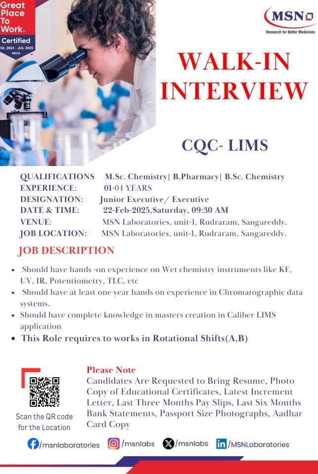 MSN Laboratories Hiring for CQC-LIMS Positions MSN Laboratories Hiring for CQC-LIMS Positions