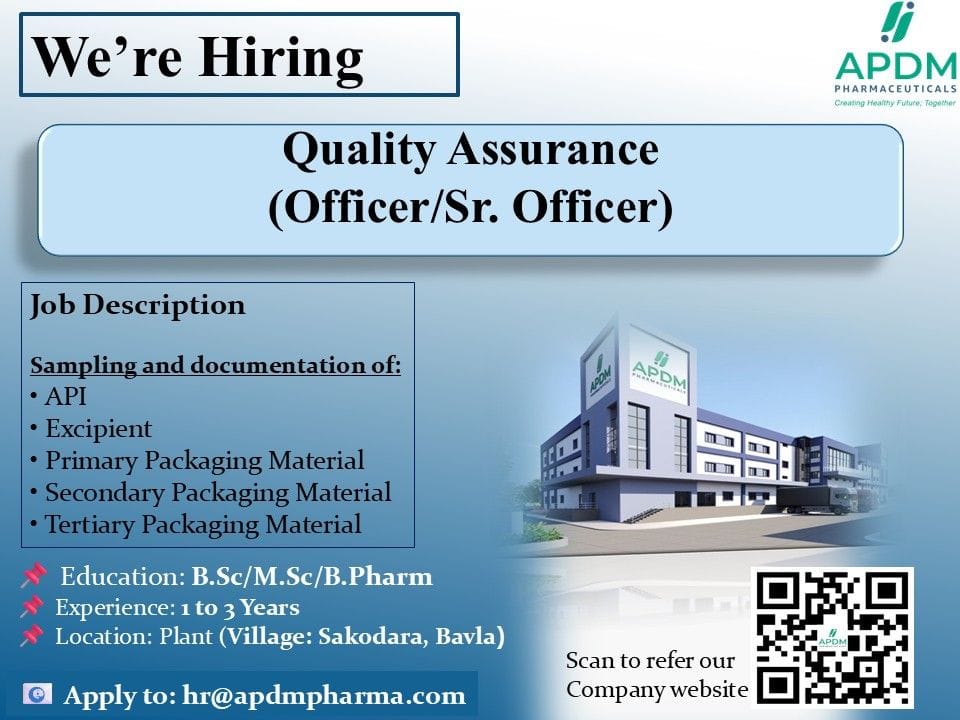 APDM Pharmaceuticals Hiring for Quality Assurance Officer/Sr. Officer APDM Pharmaceuticals Hiring for Quality Assurance Officer/Sr. Officer