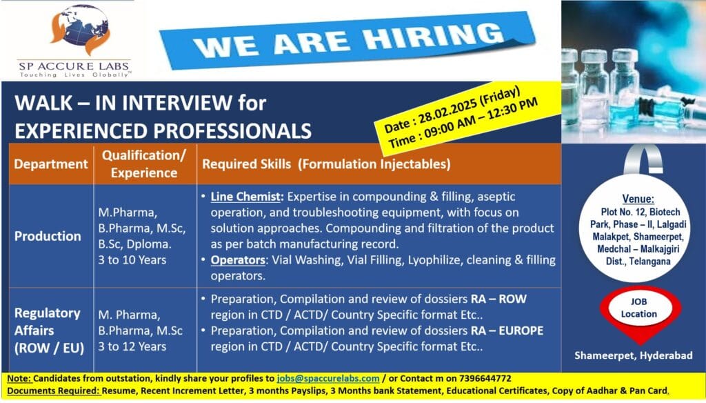 SP Accure Labs Hiring for Regulatory Affairs/ Production Department SP Accure Labs Hiring for Regulatory Affairs/ Production Department