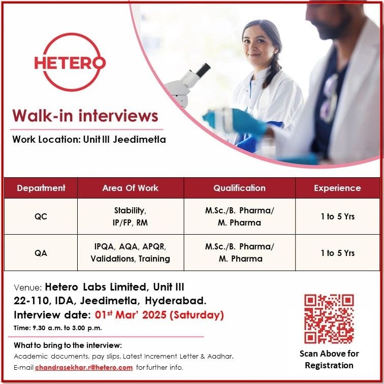 Hetero Labs Hiring for Quality Assurance/ Quality Control Hetero Labs Hiring for Quality Assurance/ Quality Control